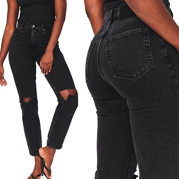 Abercrombie Curve Love 90s Straight Ultra High Rise Jeans Black Distressed 00 24 - Picture 2 of 12